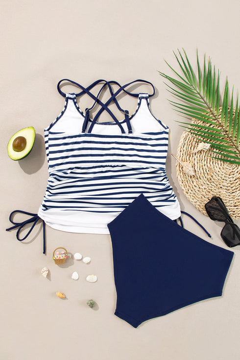 Ruched Side Tie Strap Leaf Print Tankini Set