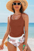 Ruched Side Tie Strap Leaf Print Tankini Set