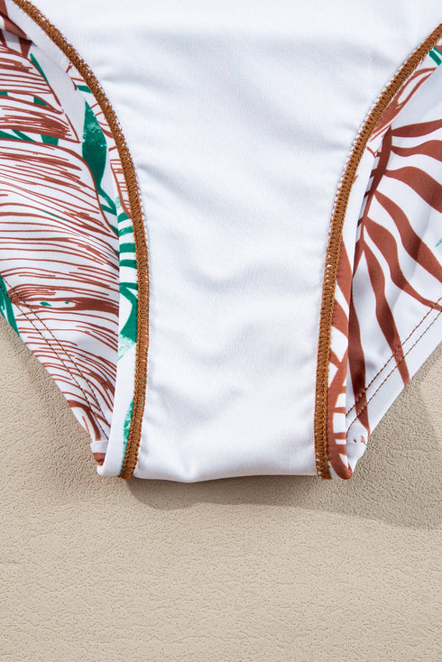 Ruched Side Tie Strap Leaf Print Tankini Set