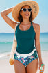 Ruched Side Tie Strap Leaf Print Tankini Set