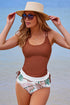 Ruched Side Tie Strap Leaf Print Tankini Set