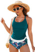 Ruched Side Tie Strap Leaf Print Tankini Set