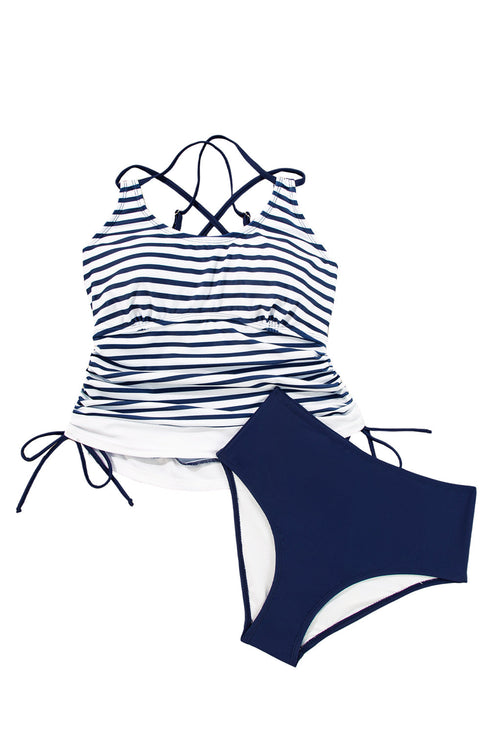 Ruched Side Tie Strap Leaf Print Tankini Set