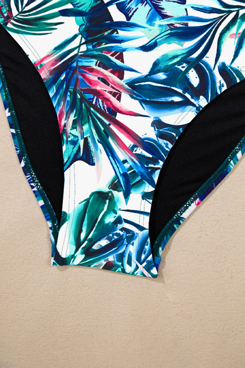 Ruched Side Tie Strap Leaf Print Tankini Set