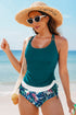 Ruched Side Tie Strap Leaf Print Tankini Set