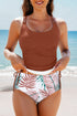 Ruched Side Tie Strap Leaf Print Tankini Set