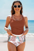 Ruched Side Tie Strap Leaf Print Tankini Set