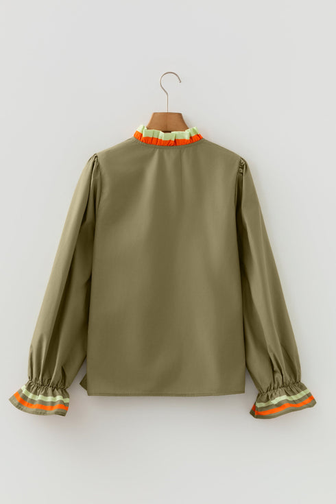Ruffle Collar Split Neck Striped Trim Long Sleeve Blouse