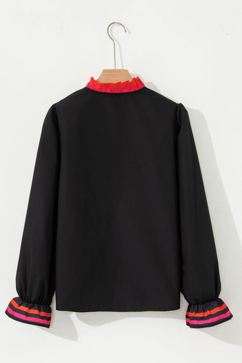 Ruffle Collar Split Neck Striped Trim Long Sleeve Blouse