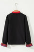 Ruffle Collar Split Neck Striped Trim Long Sleeve Blouse