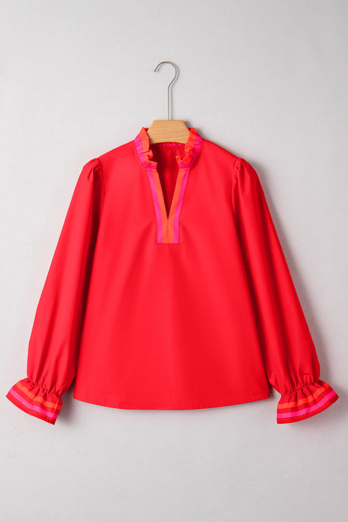 Ruffle Collar Split Neck Striped Trim Long Sleeve Blouse