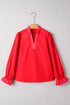 Ruffle Collar Split Neck Striped Trim Long Sleeve Blouse