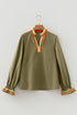 Ruffle Collar Split Neck Striped Trim Long Sleeve Blouse