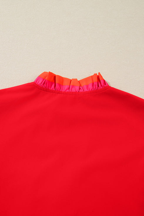 Ruffle Collar Split Neck Striped Trim Long Sleeve Blouse