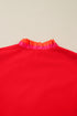 Ruffle Collar Split Neck Striped Trim Long Sleeve Blouse