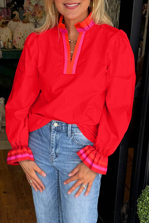 Ruffle Collar Split Neck Striped Trim Long Sleeve Blouse