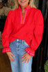 Ruffle Collar Split Neck Striped Trim Long Sleeve Blouse