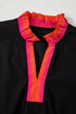 Ruffle Collar Split Neck Striped Trim Long Sleeve Blouse