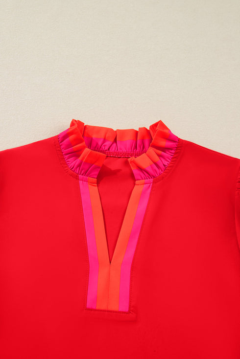 Ruffle Collar Split Neck Striped Trim Long Sleeve Blouse