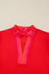 Ruffle Collar Split Neck Striped Trim Long Sleeve Blouse