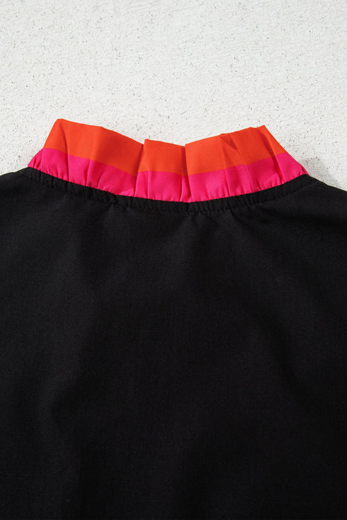 Ruffle Collar Split Neck Striped Trim Long Sleeve Blouse