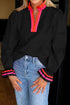 Ruffle Collar Split Neck Striped Trim Long Sleeve Blouse