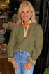 Ruffle Collar Split Neck Striped Trim Long Sleeve Blouse