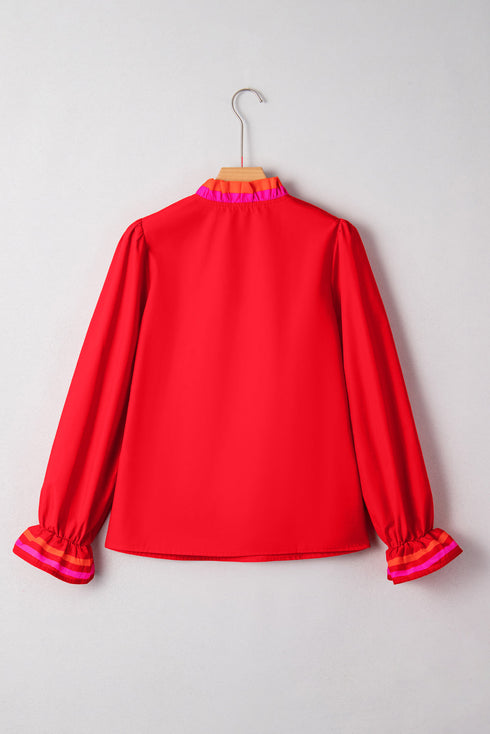 Ruffle Collar Split Neck Striped Trim Long Sleeve Blouse