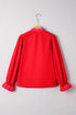 Ruffle Collar Split Neck Striped Trim Long Sleeve Blouse