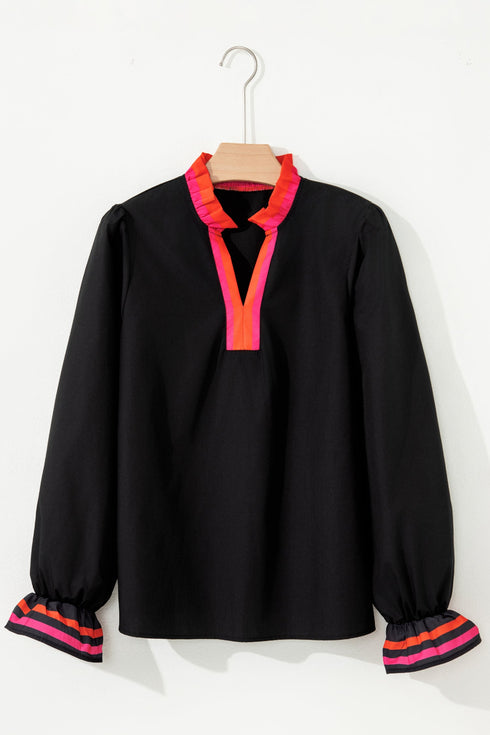 Ruffle Collar Split Neck Striped Trim Long Sleeve Blouse