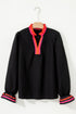 Ruffle Collar Split Neck Striped Trim Long Sleeve Blouse