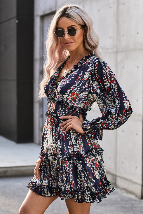 Ruffle Detail Open Back Bohemian Print Maxi Dress