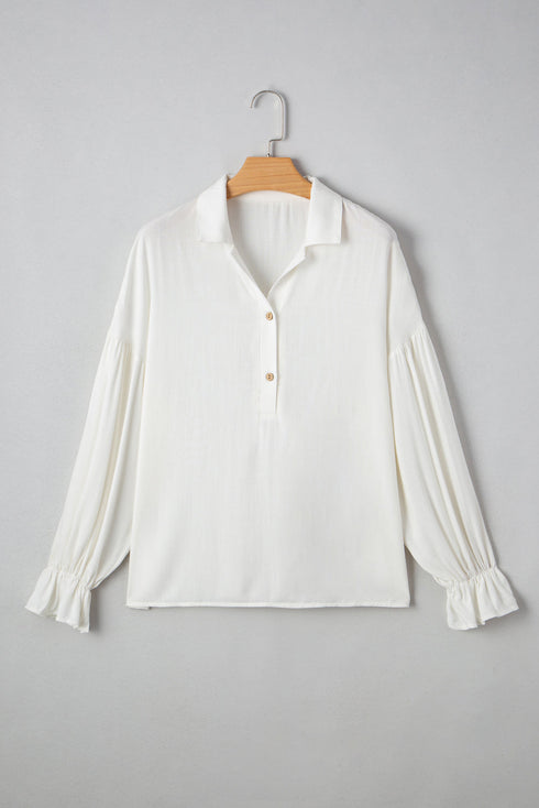 Ruffle Elastic Cuffs Puffy Long Sleeve Button Down Blouse