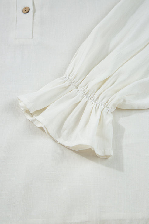 Ruffle Elastic Cuffs Puffy Long Sleeve Button Down Blouse