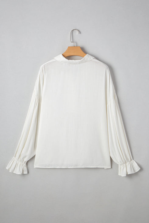 Ruffle Elastic Cuffs Puffy Long Sleeve Button Down Blouse