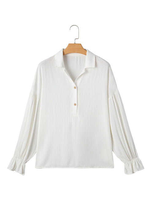 Ruffle Elastic Cuffs Puffy Long Sleeve Button Down Blouse