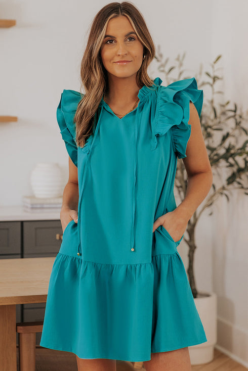 Ruffle Flutter Sleeve Tie Neck Tiered Mini Dress