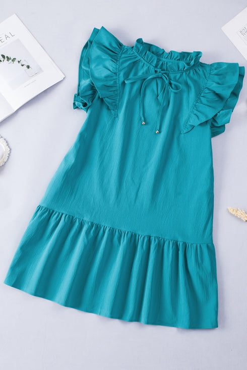 Ruffle Flutter Sleeve Tie Neck Tiered Mini Dress