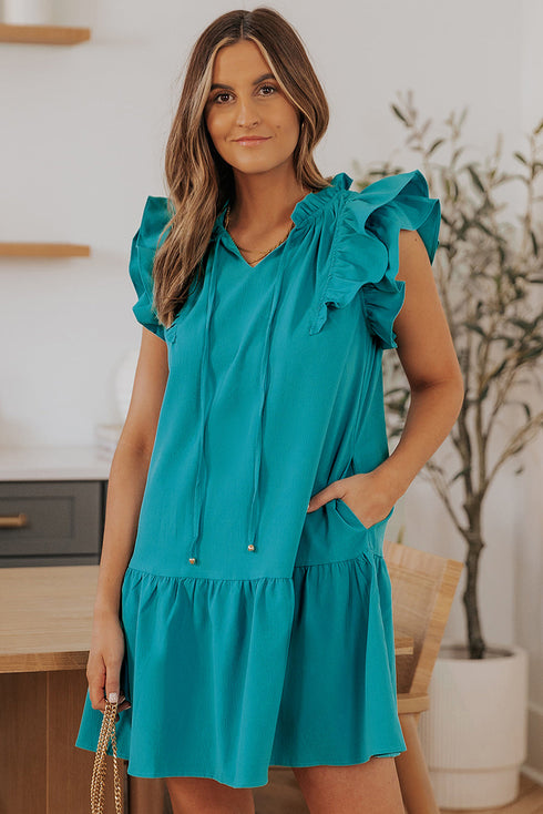 Ruffle Flutter Sleeve Tie Neck Tiered Mini Dress