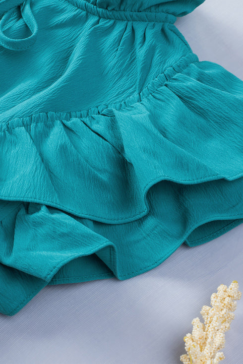 Ruffle Flutter Sleeve Tie Neck Tiered Mini Dress