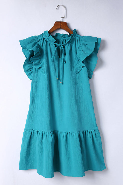 Ruffle Flutter Sleeve Tie Neck Tiered Mini Dress