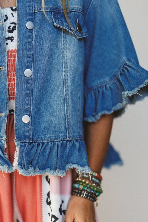 Ruffle Hem Raw Edge Half Sleeve Western Denim Jacket