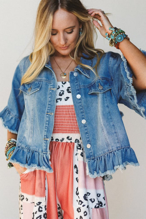 Ruffle Hem Raw Edge Half Sleeve Western Denim Jacket