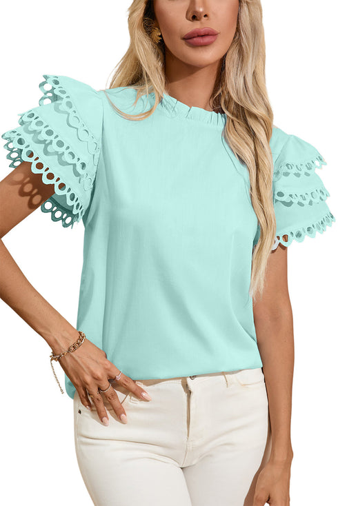 Ruffle Mock Neck Tiered Eyelet Sleeve Blouse