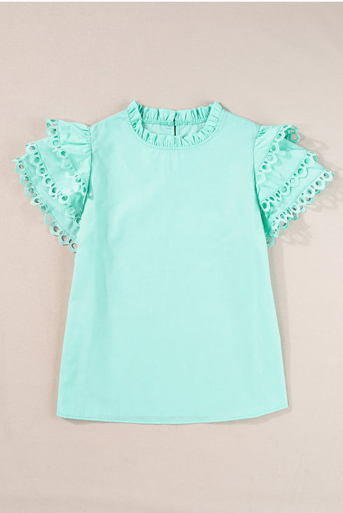 Ruffle Mock Neck Tiered Eyelet Sleeve Blouse