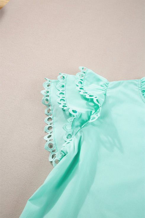 Ruffle Mock Neck Tiered Eyelet Sleeve Blouse