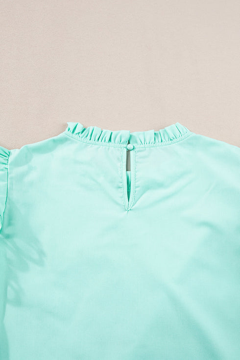 Ruffle Mock Neck Tiered Eyelet Sleeve Blouse