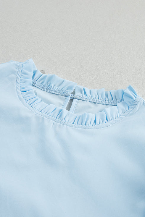 Ruffle Mock Neck Tiered Eyelet Sleeve Blouse