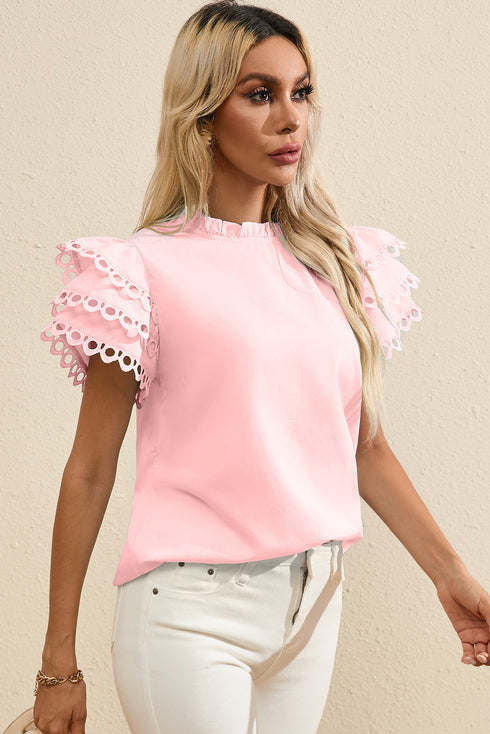 Ruffle Mock Neck Tiered Eyelet Sleeve Blouse