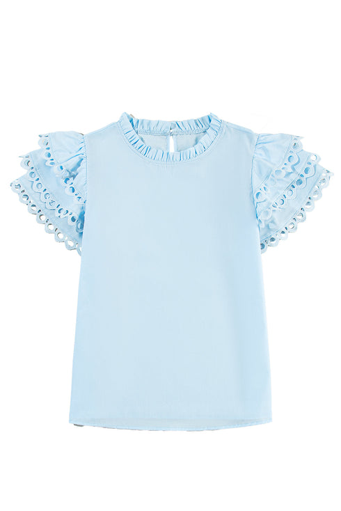 Ruffle Mock Neck Tiered Eyelet Sleeve Blouse